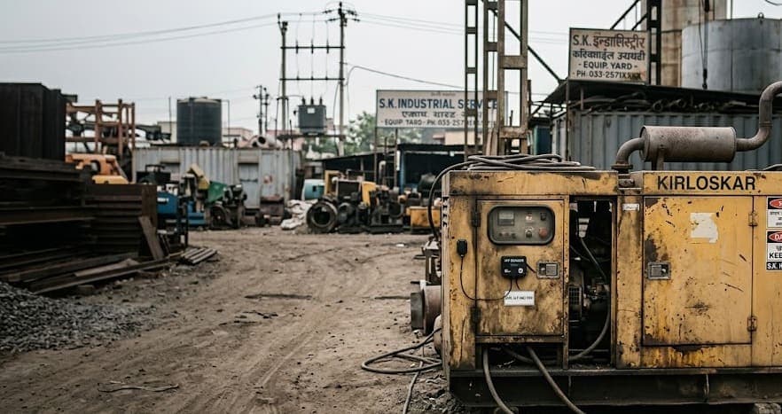 Industrial equipment yard with generator and welding plant