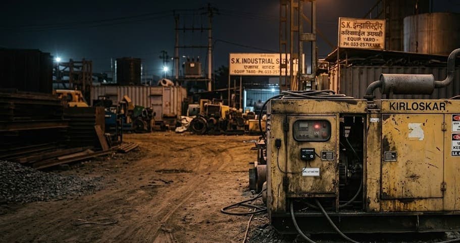 Industrial plant yard at night with stationary equipment